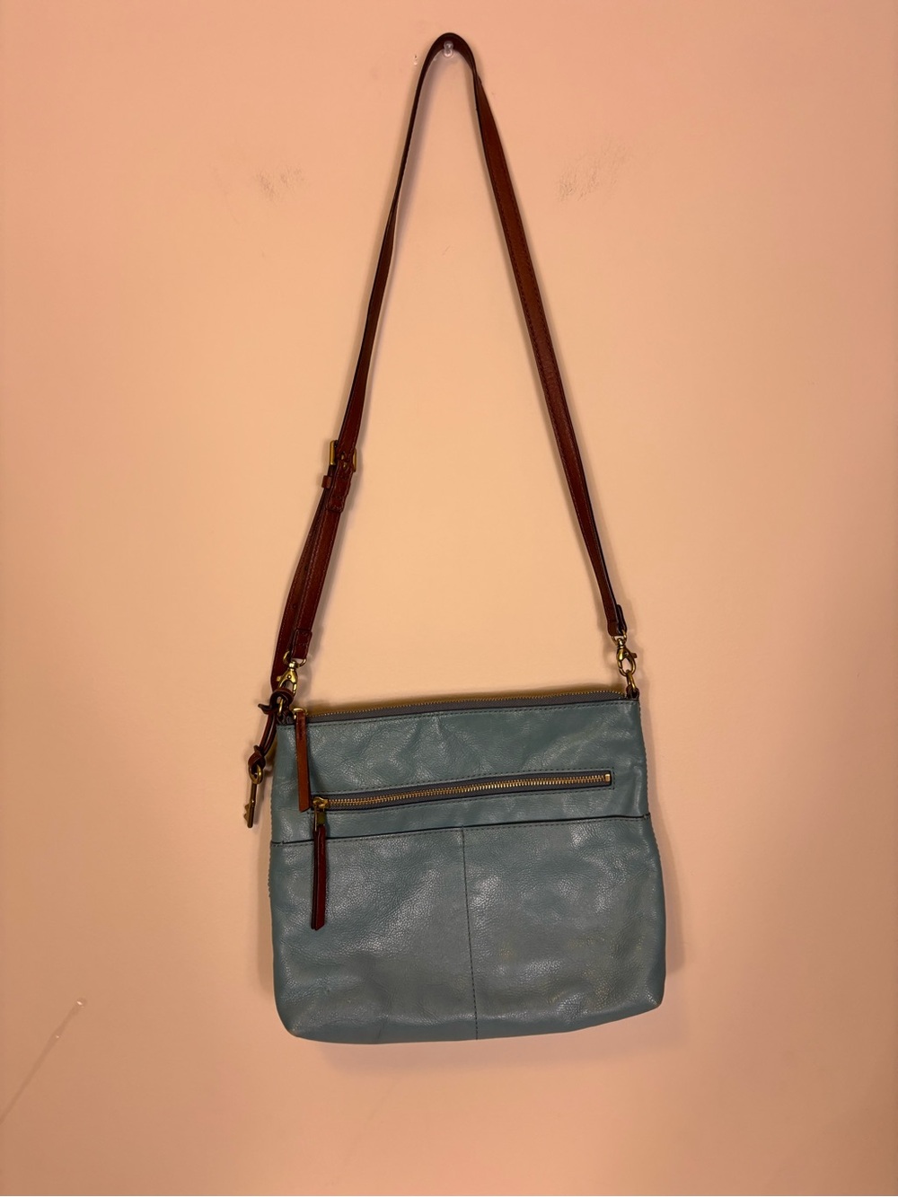 Fossil Light Blue Crossbody with Brown Adjustable Strap